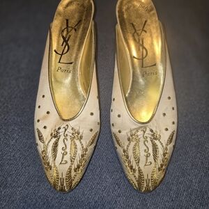 Yves Saint Laurent Gold and Cream Embroidered Mules